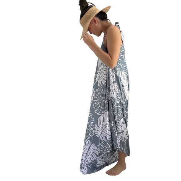 Pōʻalima Gray White Monstera Tropical Boho Wide Leg Beach Romper - Picture 2 of 16